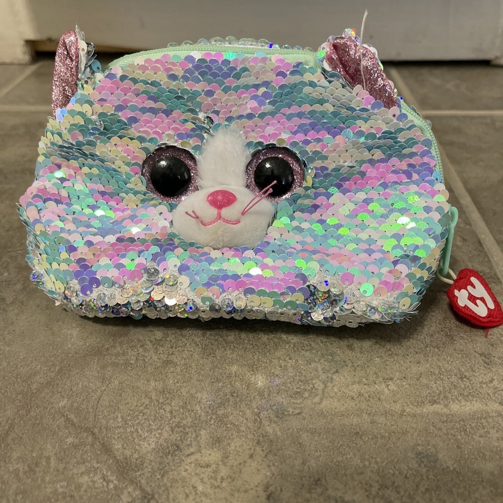Ty Whimsy Cat Sequin Blue Accessory Bag Small‎ Zipper Bag NEW August 22 birthday